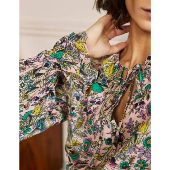 Boden Ruffle Neck Blouse Womens US 12 Pink Floral Lemon Lime Print - Picture 3 of 14